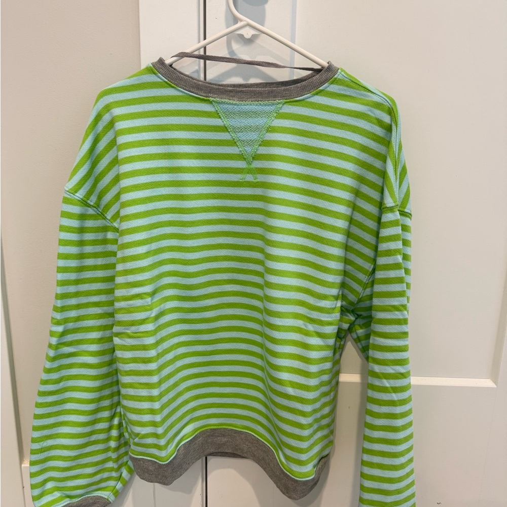 Free People Green and White Striped Long Sleeve Tee